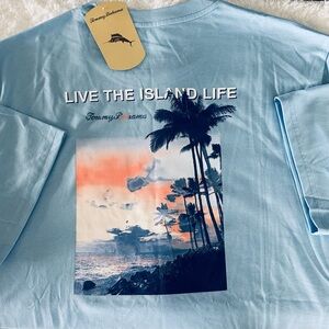 Tommy Bahama men’s LIVE THE ISLAND LIFE Chambray Blue T-shirt Size L